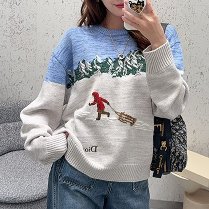 dior ski scene embroidery crew neck long sleeve sweater